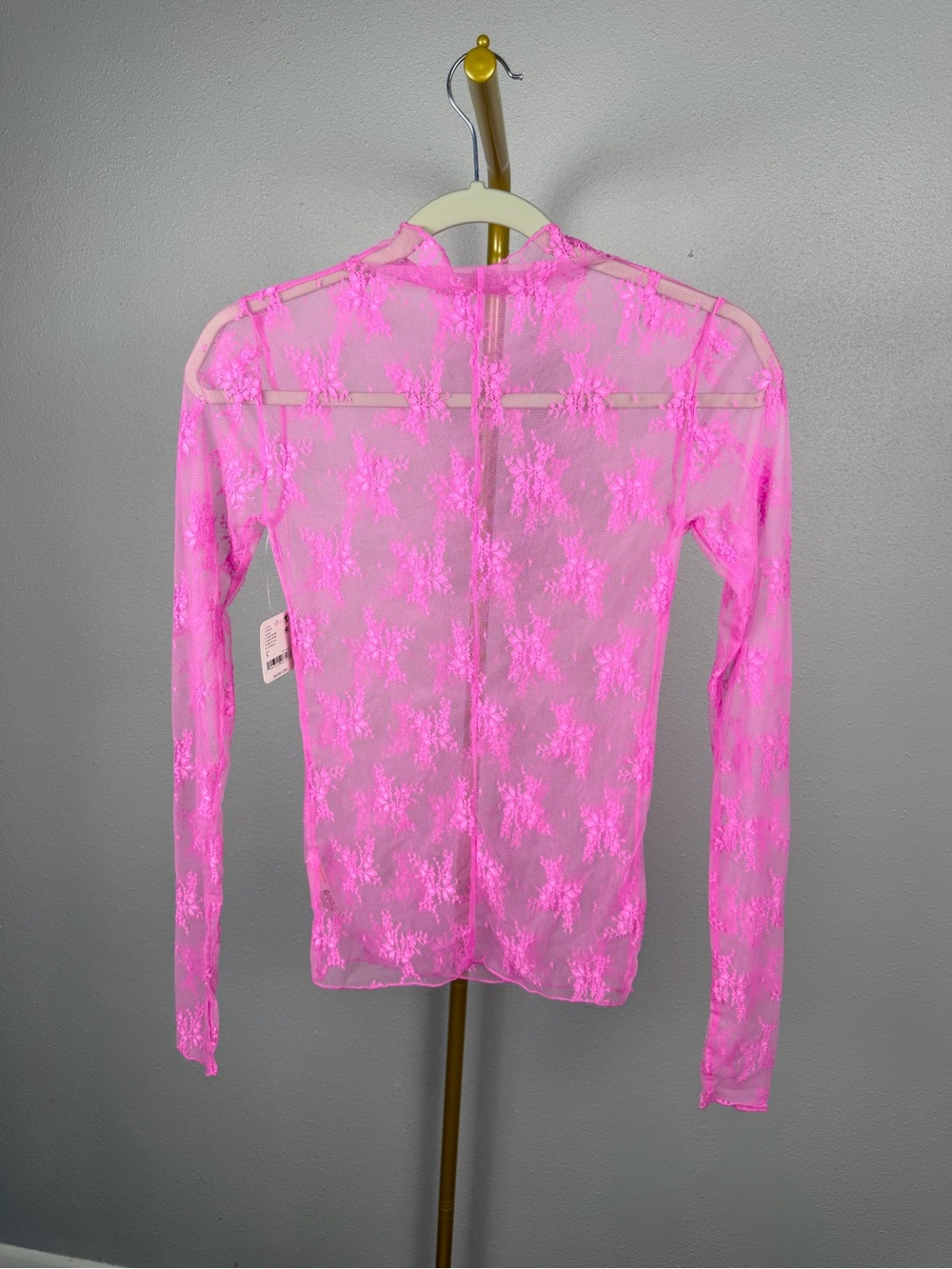 NWT SOLD OUT Free People Lady Lux Neon Pink Lace Mesh Layering Top S - Picture 6 of 7